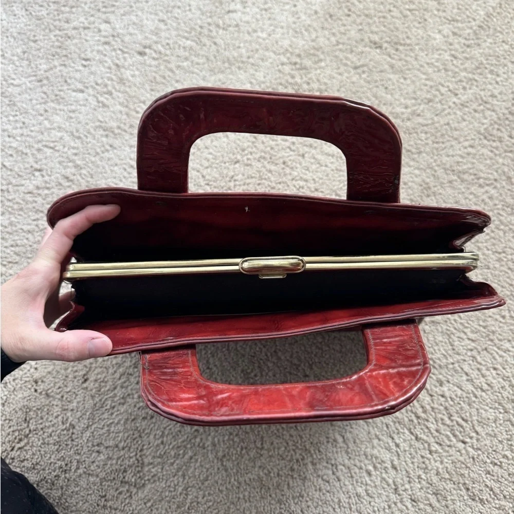 JR Florida-Vintage Deep Red Large Alligator Skin Accents Banking Hand Bag